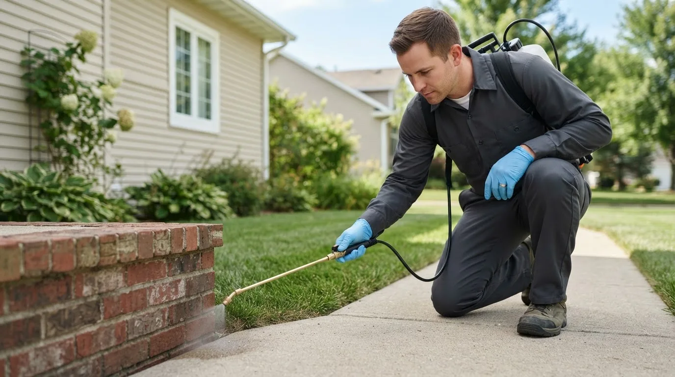 Pest control technician treating a home near Hugo, OK